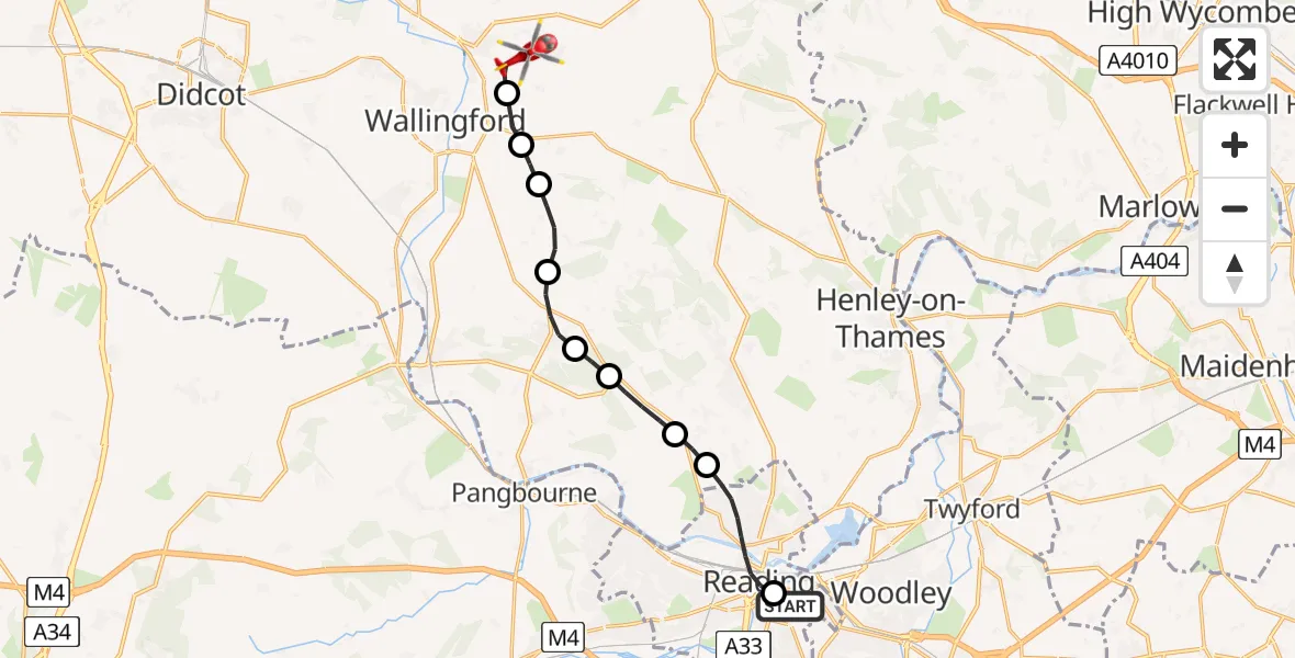 Flight path map showing Air Ambulance Helicopter route from Royal Berkshire Hospital to RAF Benson