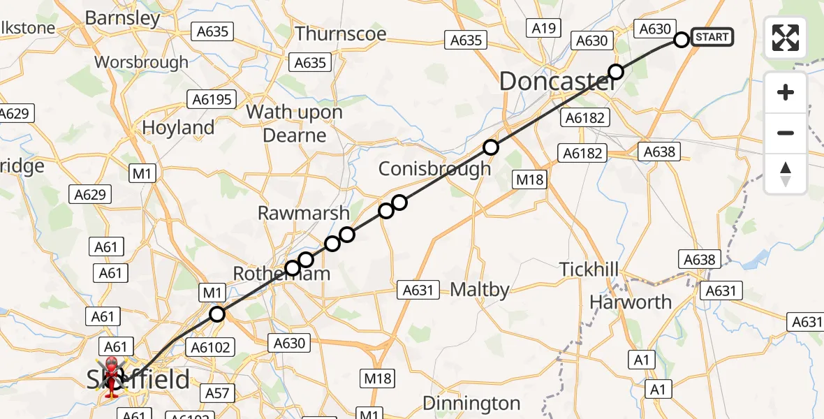 Flight path map showing Air Ambulance Helicopter route from Old Cantley to Sheffield Childrens Hospital