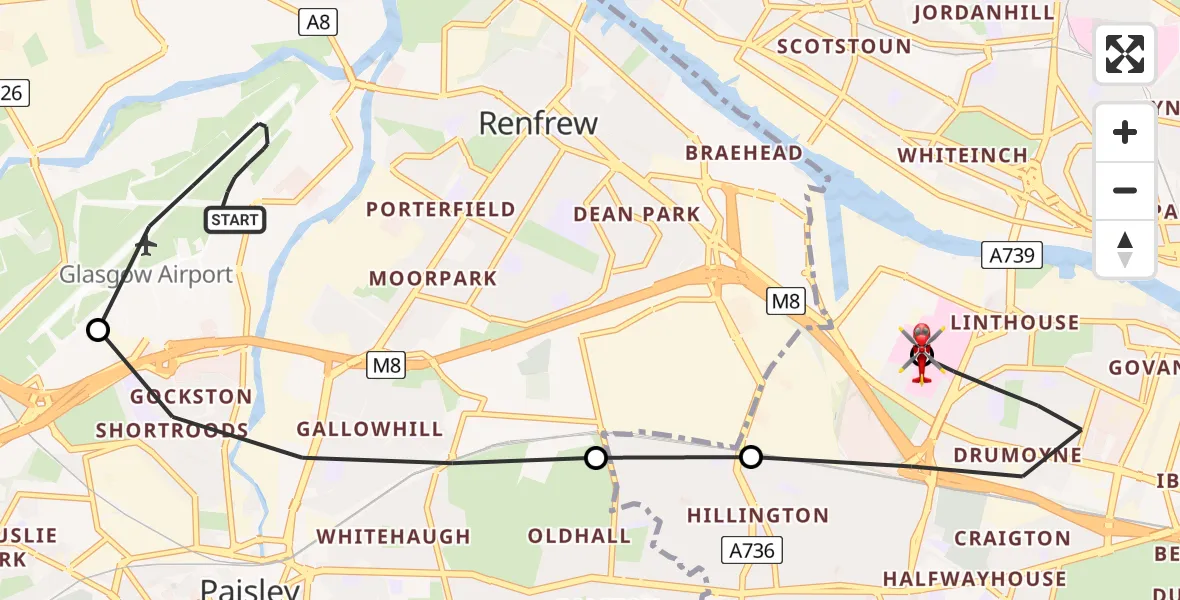 Flight path map showing Air Ambulance Helicopter route from Glasgow Airport to Queen Elizabeth Hospital