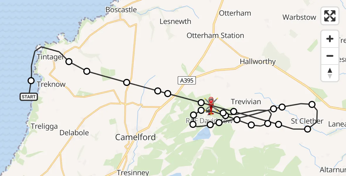 Flight path map showing Air Ambulance Helicopter route from Treknow to RAF Davidstow Moor