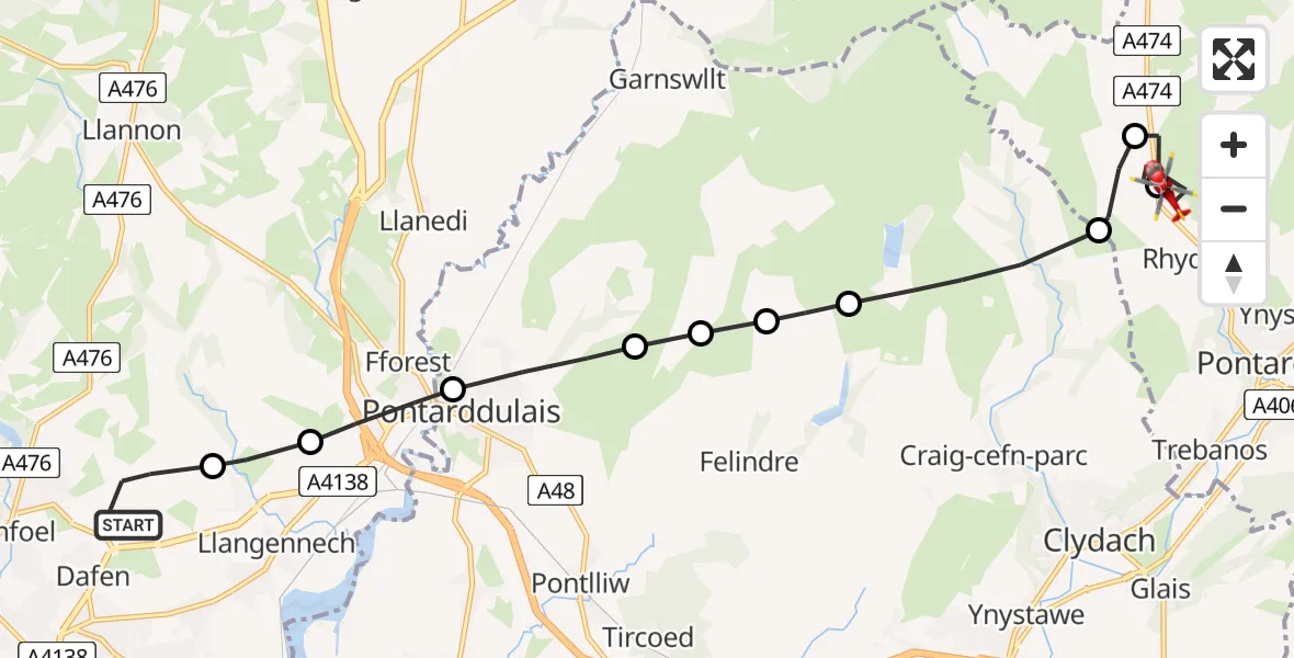 Flight path map showing Air Ambulance Helicopter route from Dafen to Rhyd-y-fro