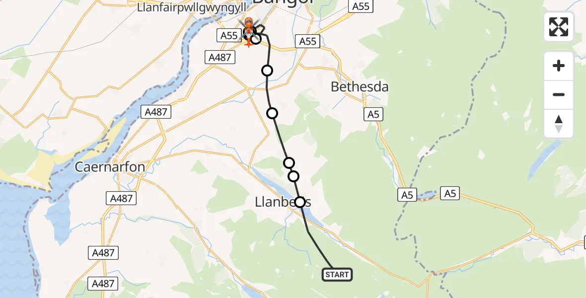 Flight path map showing Coastguard Helicopter route from Llanberis to Penrhos Garnedd