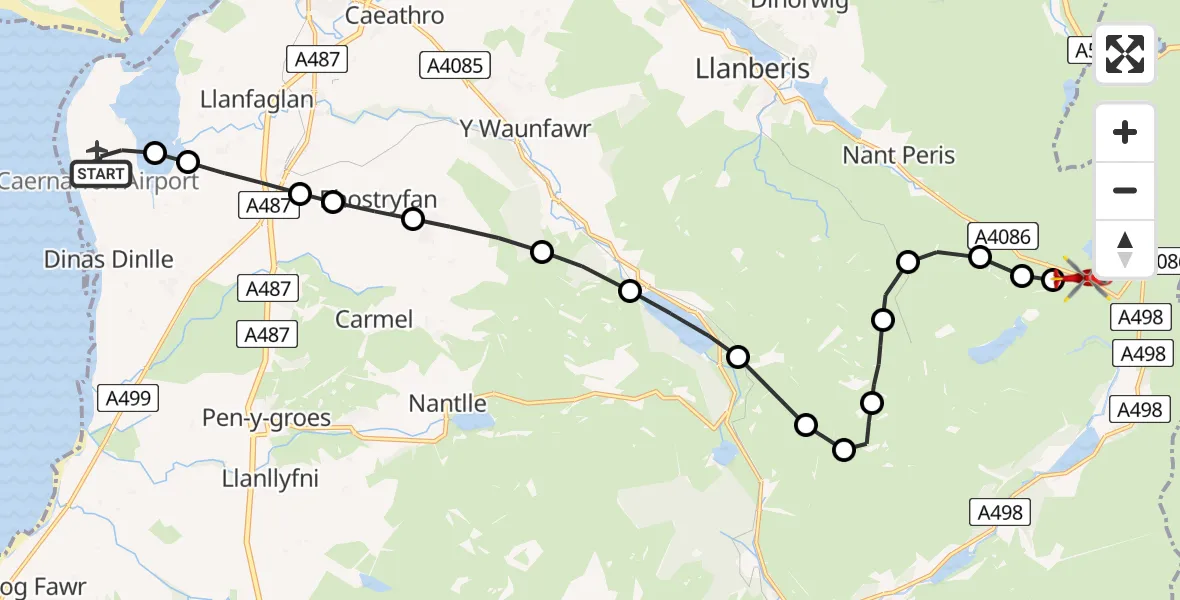 Flight path map showing Air Ambulance Helicopter route from Caernarfon Airport to Beddgelert