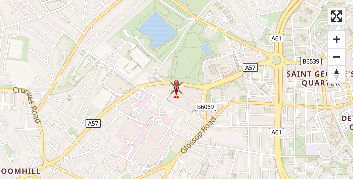 Flight path map showing Air Ambulance Helicopter route from Sheffield Childrens Hospital to Sheffield Childrens Hospital