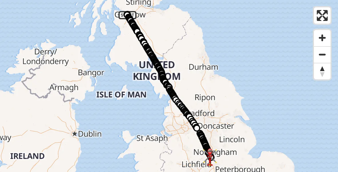 Flight path map showing Air Ambulance Helicopter route from Queen Elizabeth Hospital to East Midlands Airport