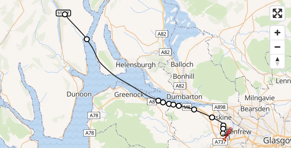 Flight path map showing Air Ambulance Helicopter route from Argyll and Bute to Glasgow Airport