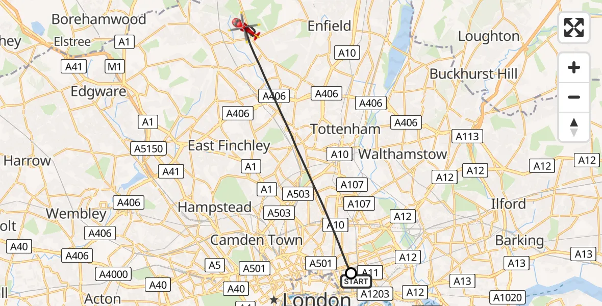 Flight path map showing Air Ambulance Helicopter route from Royal London Hospital to Greater London
