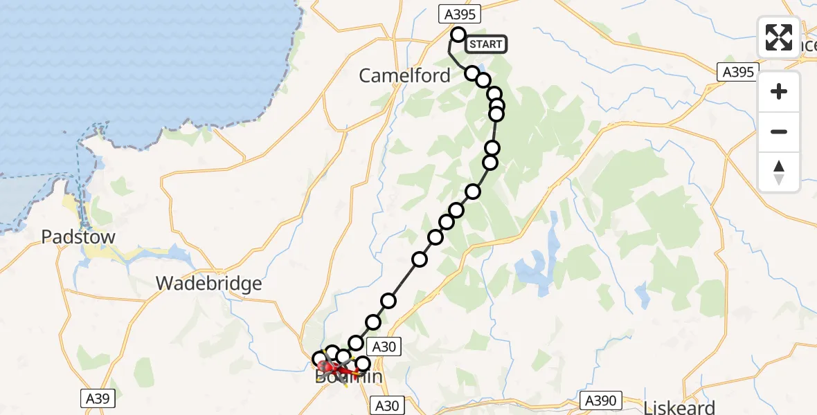 Flight path map showing Air Ambulance Helicopter route from RAF Davidstow Moor to Bodmin