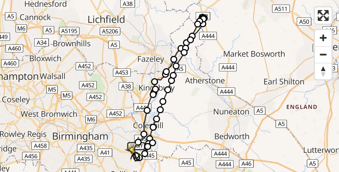 Flight path map showing Police Helicopter route from Marston Green to Birmingham