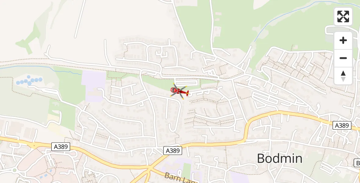 Flight path map showing Air Ambulance Helicopter route from Bodmin to Bodmin