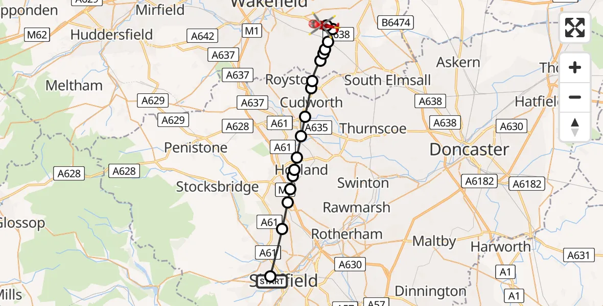 Flight path map showing Air Ambulance Helicopter route from Sheffield Childrens Hospital to YAA Nostell Helicopter Port