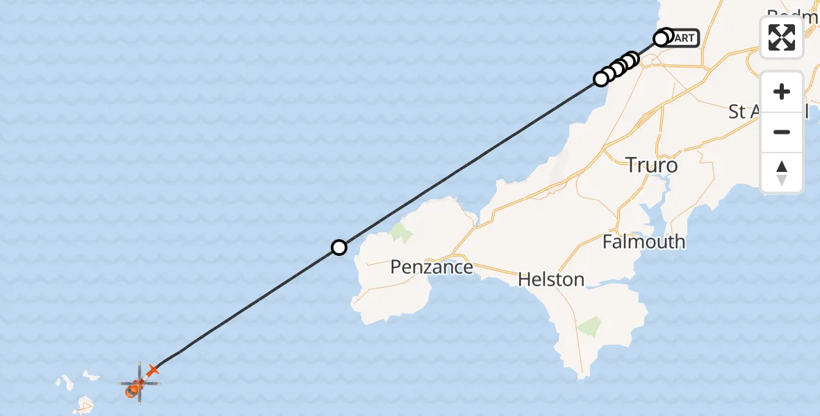 Flight path map showing Coastguard Helicopter route from Cornwall Airport Newquay to North Atlantic Ocean