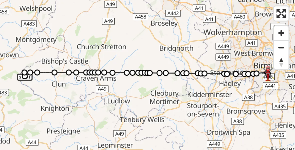 Flight path map showing Air Ambulance Helicopter route from Shropshire to Queen Elizabeth Hospital Helipad