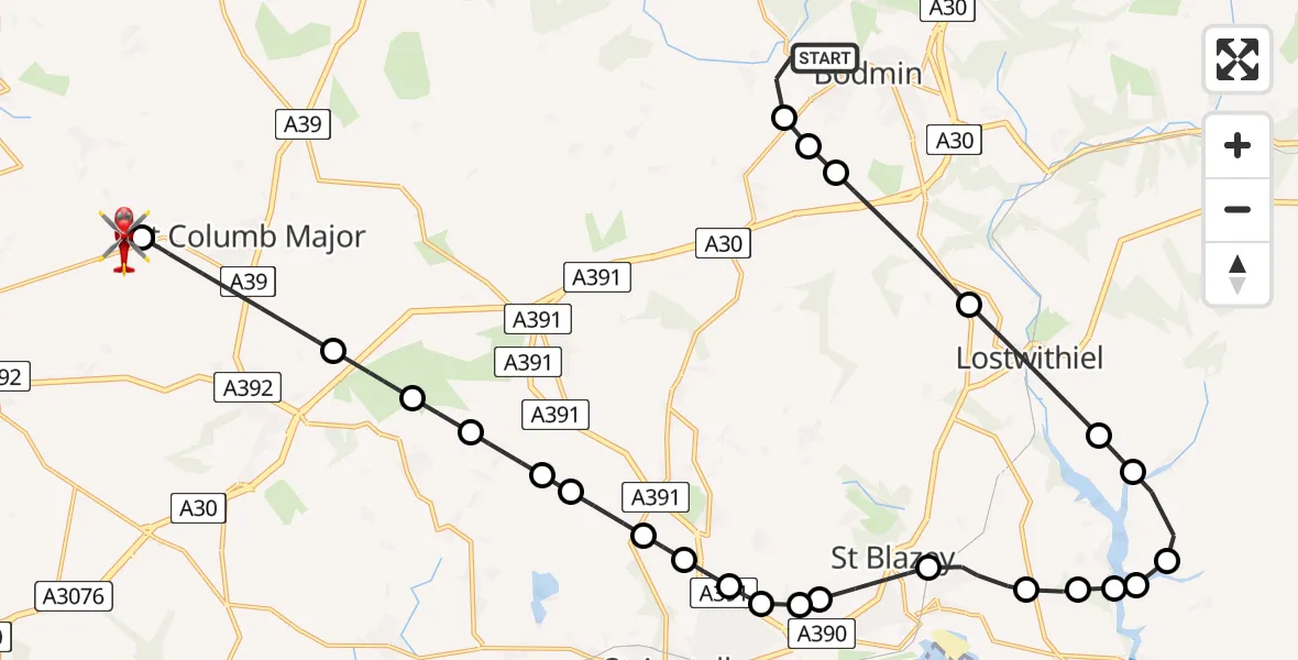 Flight path map showing Air Ambulance Helicopter route from Bodmin to Cornwall Airport Newquay