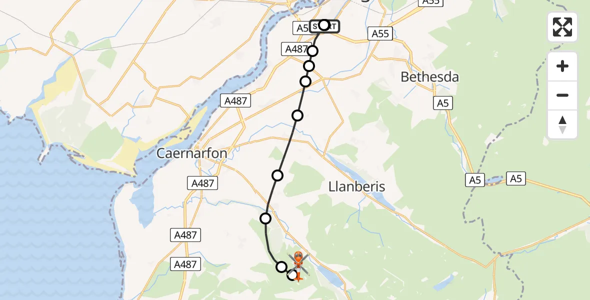Flight path map showing Coastguard Helicopter route from Ysbyty Gwynedd Hospital Heliport to Saxifrage Gully