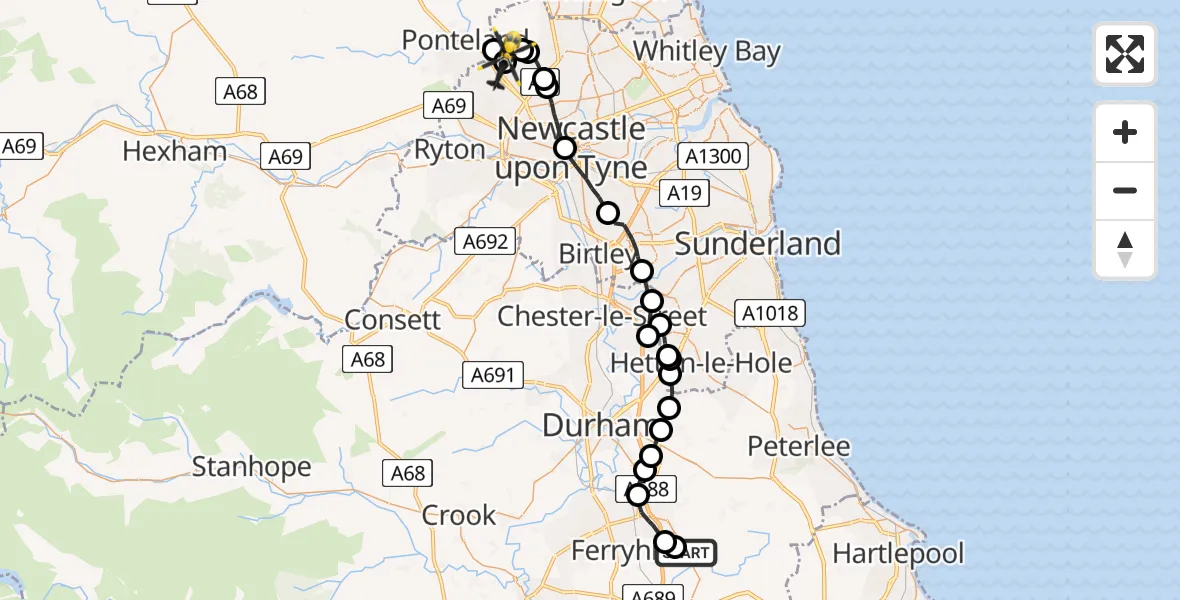 Flight path map showing Police Helicopter route from Fishburn to Newcastle International Airport