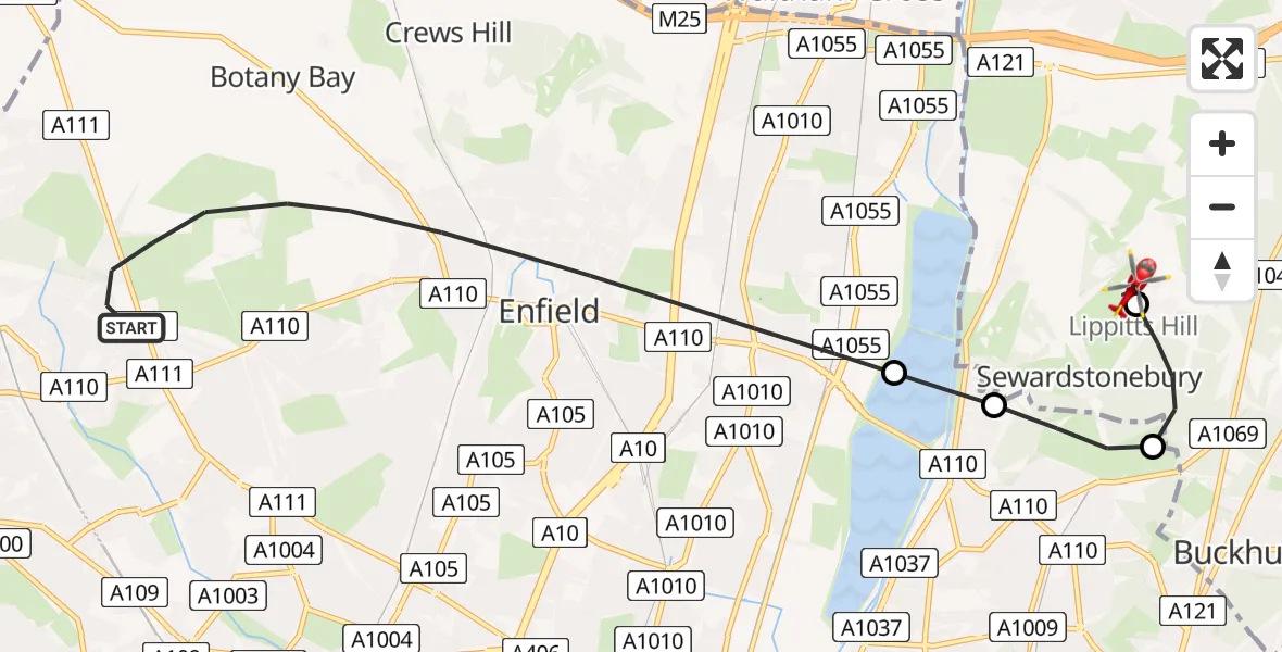 Routekaart van de vlucht: Air Ambulance Helicopter to Metropolitan Police Air Support Unit Lippitts Hill