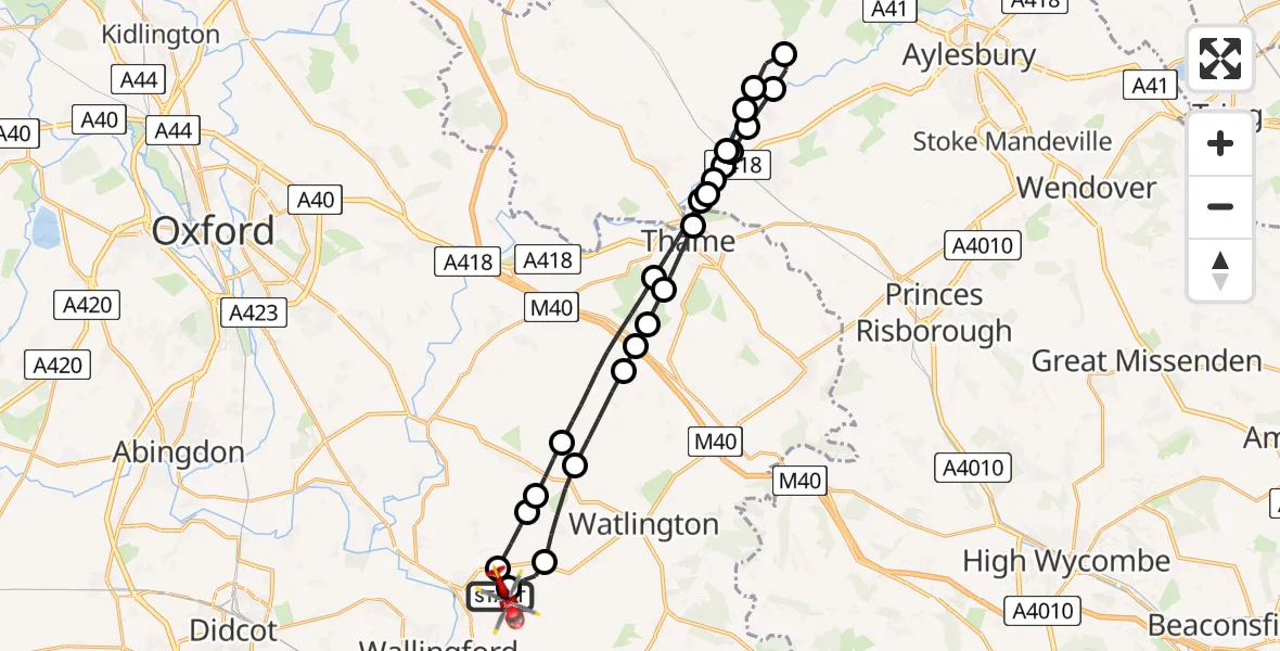 Flight path map showing Air Ambulance Helicopter route from RAF Benson to RAF Benson