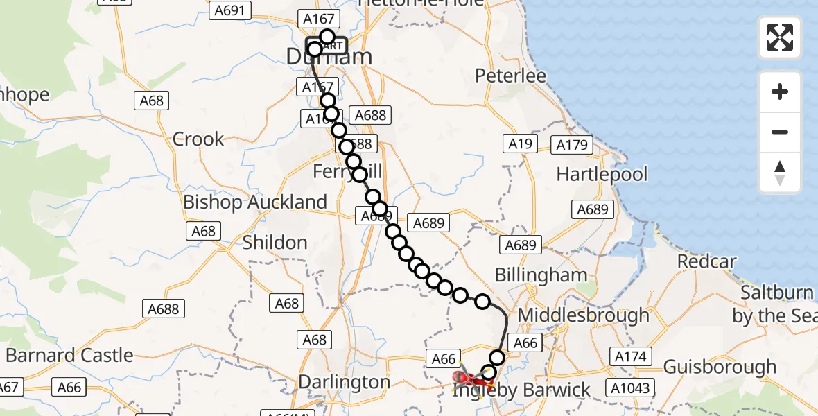Flight path map showing Air Ambulance Helicopter route from Durham to Longnewton