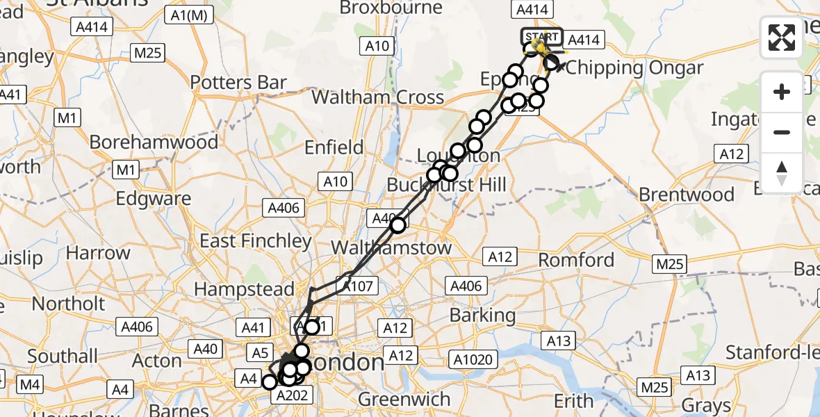 Flight path map showing Police Helicopter route from North Weald Airfield to North Weald Airfield