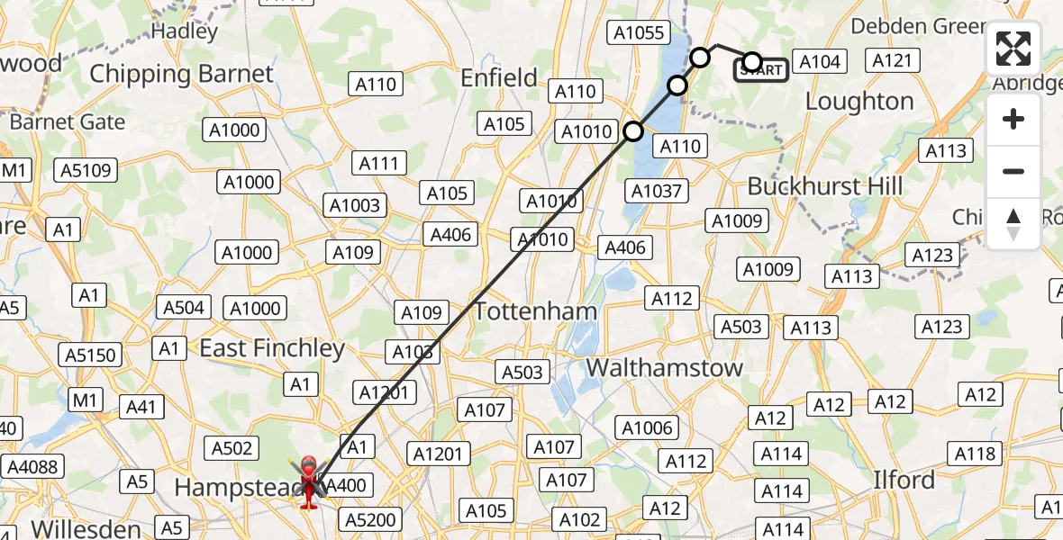Flight path map showing Air Ambulance Helicopter route from Metropolitan Police Air Support Unit Lippitts Hill to Greater London