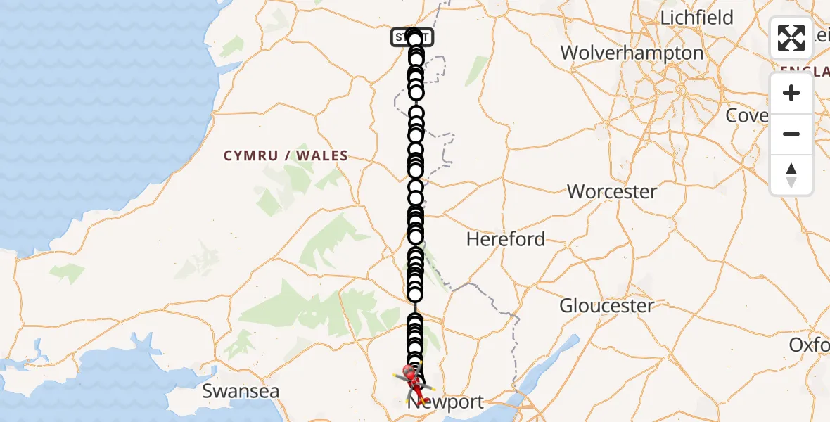 Flight path map showing Air Ambulance Helicopter route from Welshpool Airport to Pont-y-waun