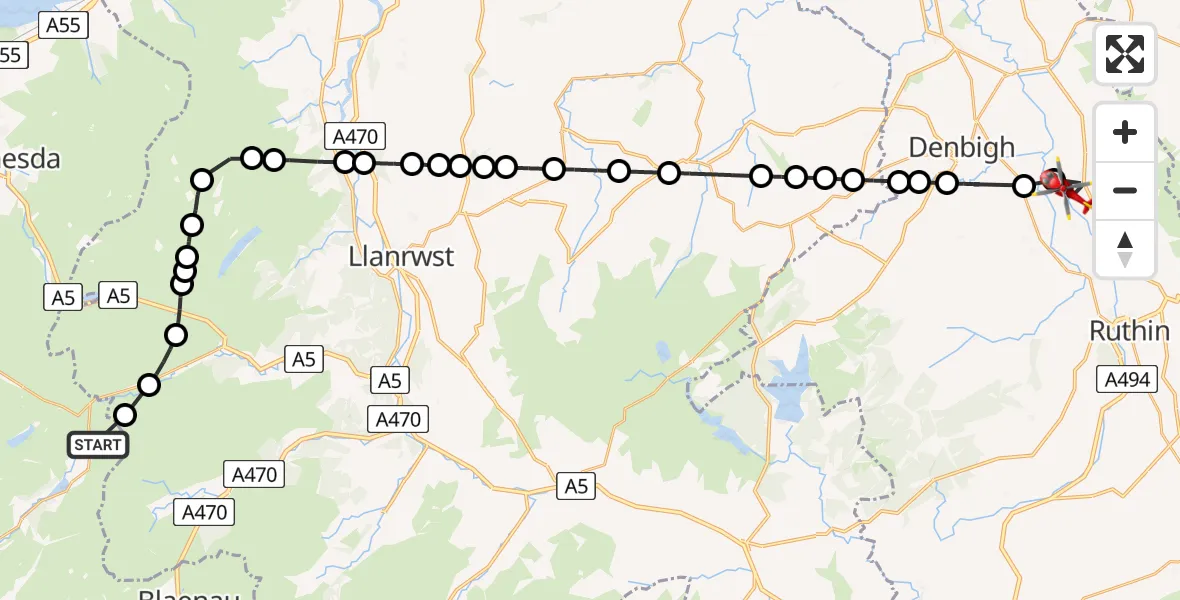 Flight path map showing Air Ambulance Helicopter route from Beddgelert to Llandyrnog