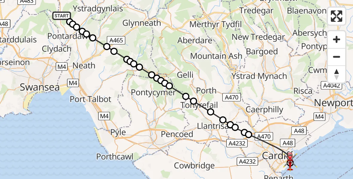 Flight path map showing Air Ambulance Helicopter route from Cwmgors to Cardiff Heliport
