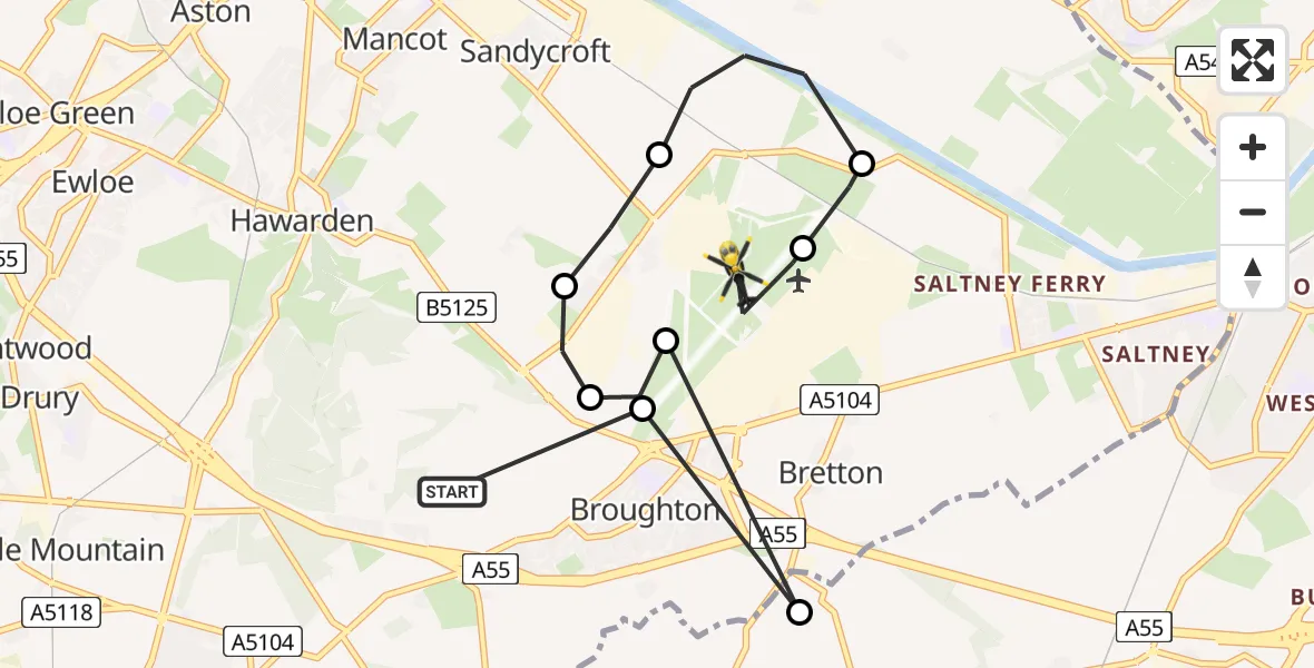 Flight path map showing Police Helicopter route from Broughton to Hawarden Airport