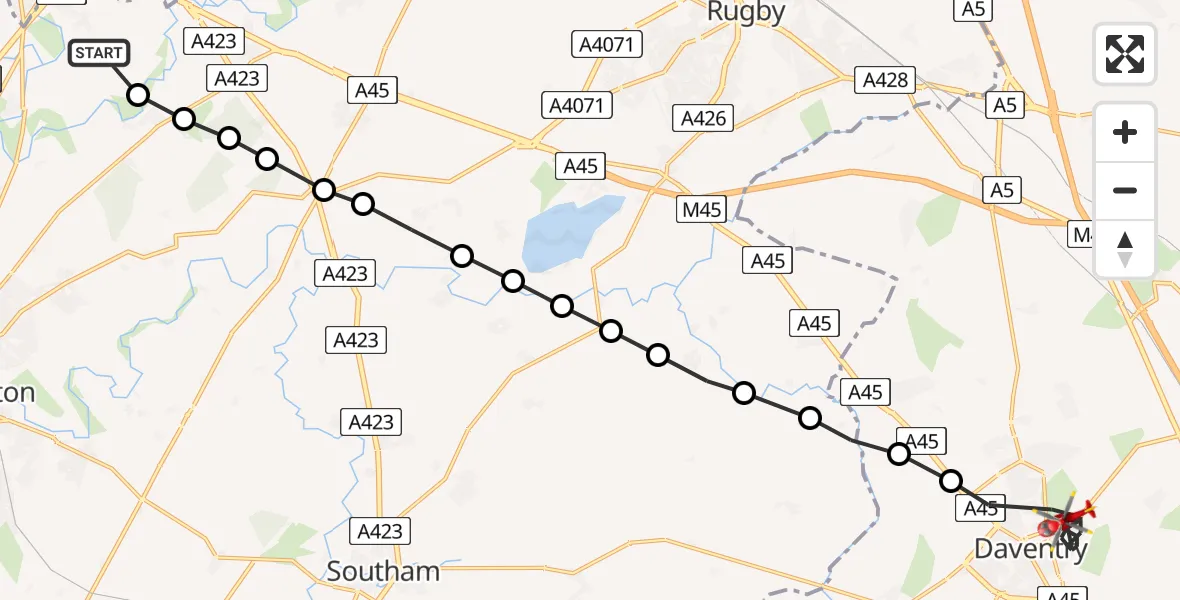 Flight path map showing Air Ambulance Helicopter route from Coventry Airport to Daventry