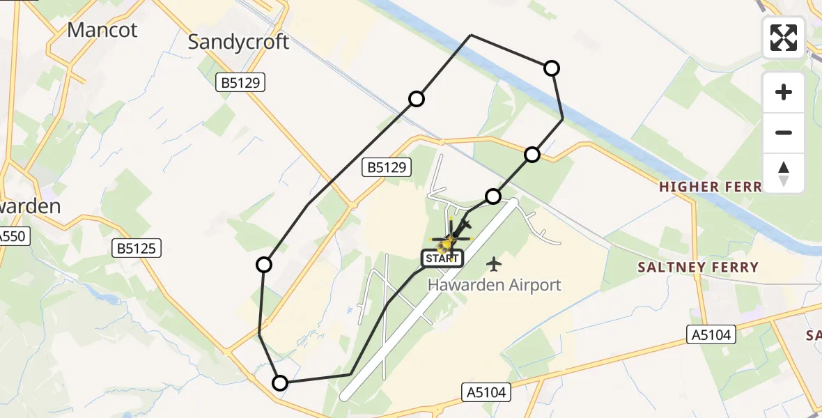 Flight path map showing Police Helicopter route from Hawarden Airport to Hawarden Airport