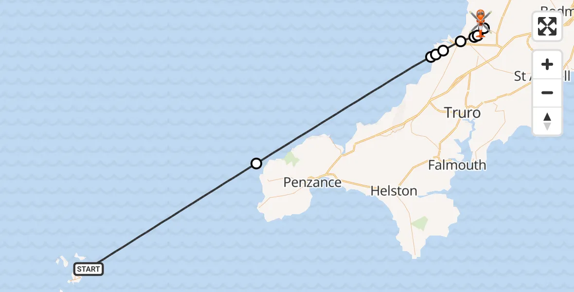 Flight path map showing Coastguard Helicopter route from North Atlantic Ocean to Cornwall Airport Newquay
