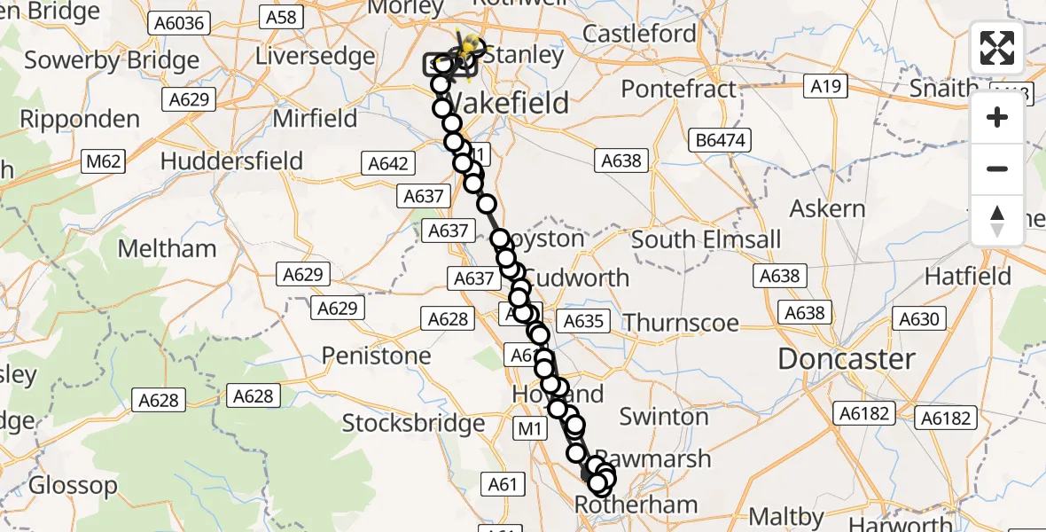 Flight path map showing Police Helicopter route from East Ardsley to East Ardsley