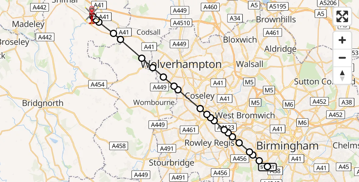 Flight path map showing Air Ambulance Helicopter route from Queen Elizabeth Hospital Helipad to Cosford