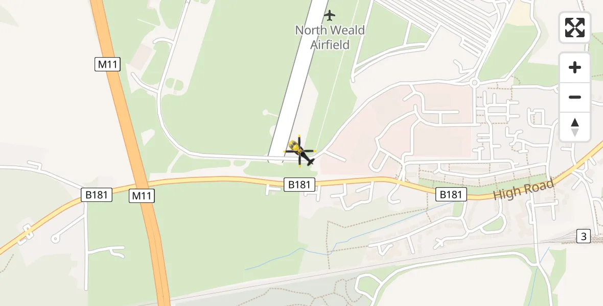 Flight path map showing Police Helicopter route from North Weald Airfield to North Weald Airfield