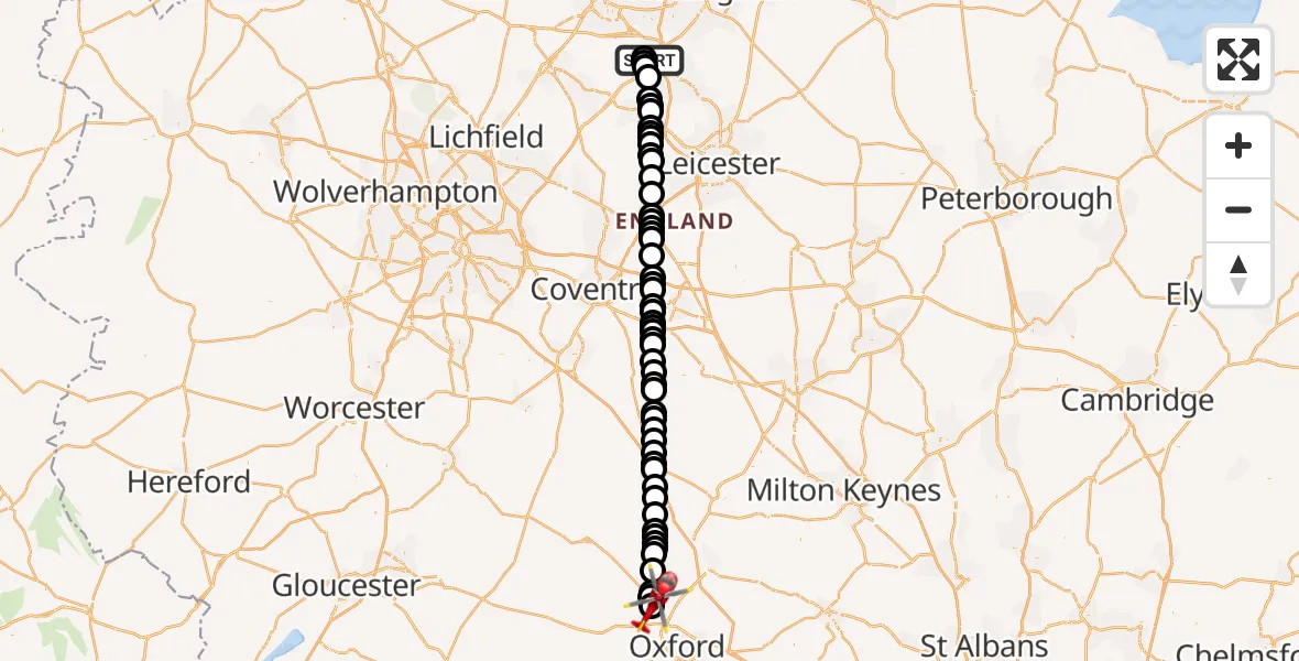 Flight path map showing Air Ambulance Helicopter route from East Midlands Airport to London Oxford Airport