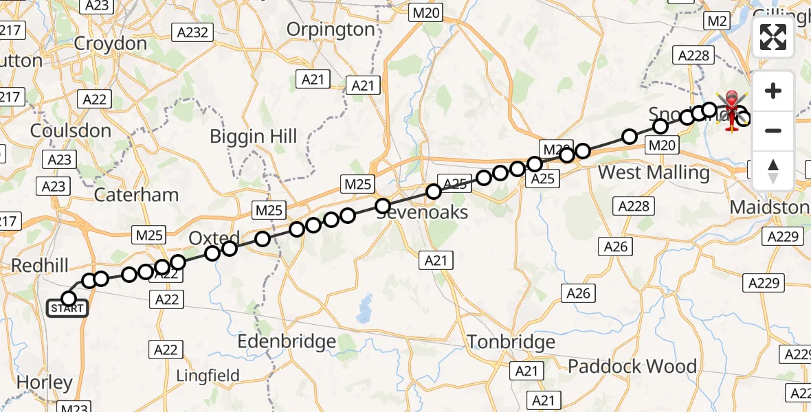 Flight path map showing Air Ambulance Helicopter route from Redhill Aerodrome to Burham