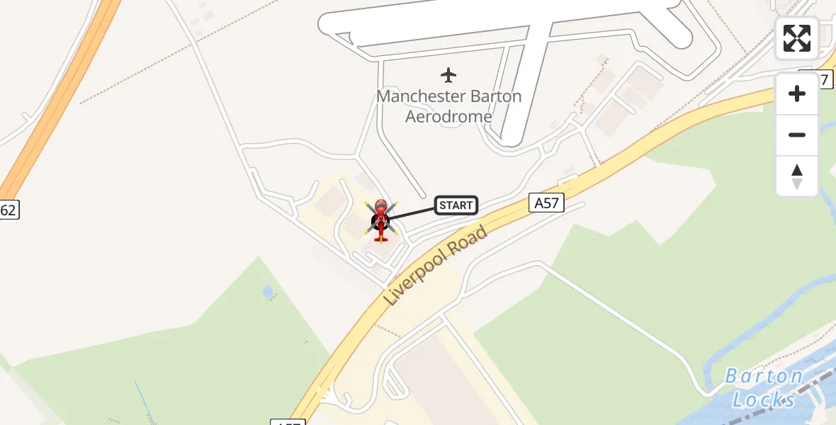 Flight path map showing Air Ambulance Helicopter route from Manchester Barton Aerodrome to Manchester Barton Aerodrome