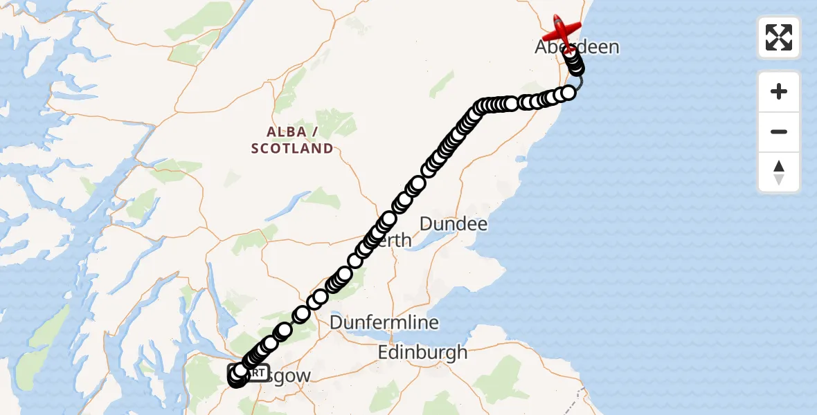 Flight path map showing Air Ambulance Aircraft route from Glasgow Airport to Aberdeen International Airport