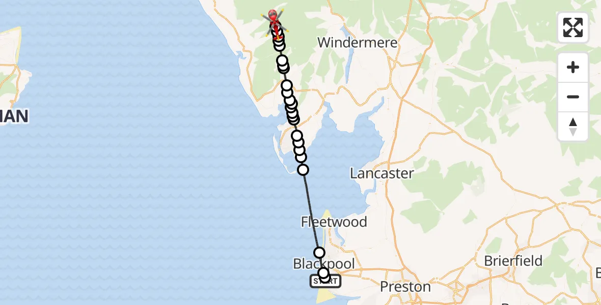Flight path map showing Air Ambulance Helicopter route from Blackpool Airport to Eskdale Moor