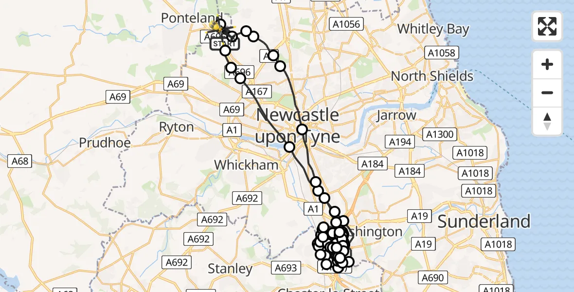 Flight path map showing Police Helicopter route from Newcastle International Airport to Newcastle International Airport
