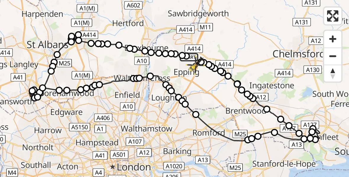 Flight path map showing Police Helicopter route from North Weald Bassett to Coopersale