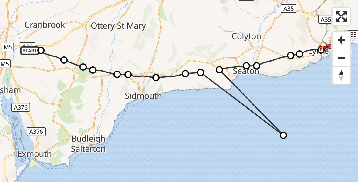 Flight path map showing Air Ambulance Helicopter route from Exeter International Airport to Lyme Regis