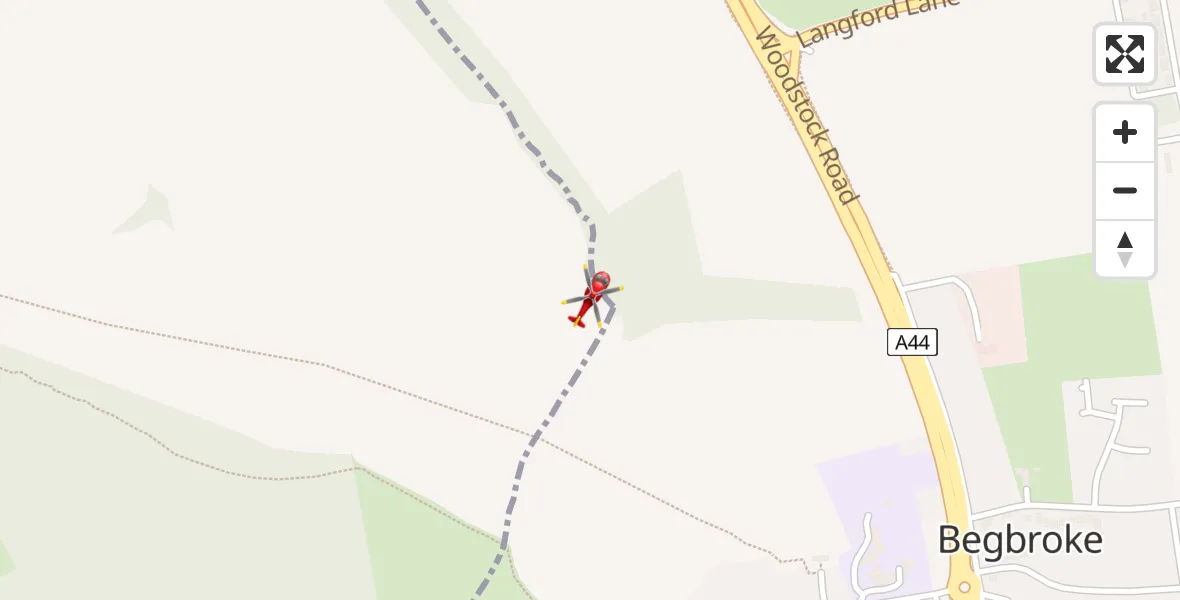 Flight path map showing Air Ambulance Helicopter route from Begbroke to Begbroke