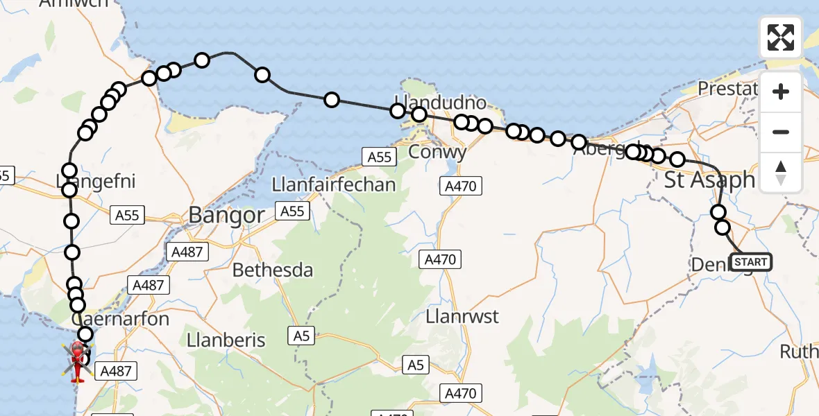Flight path map showing Air Ambulance Helicopter route from Denbigh to Caernarfon Airport
