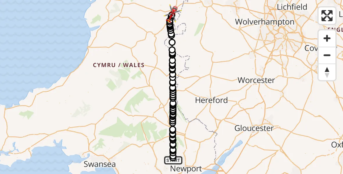 Flight path map showing Air Ambulance Helicopter route from Abercarn to Welshpool Airport