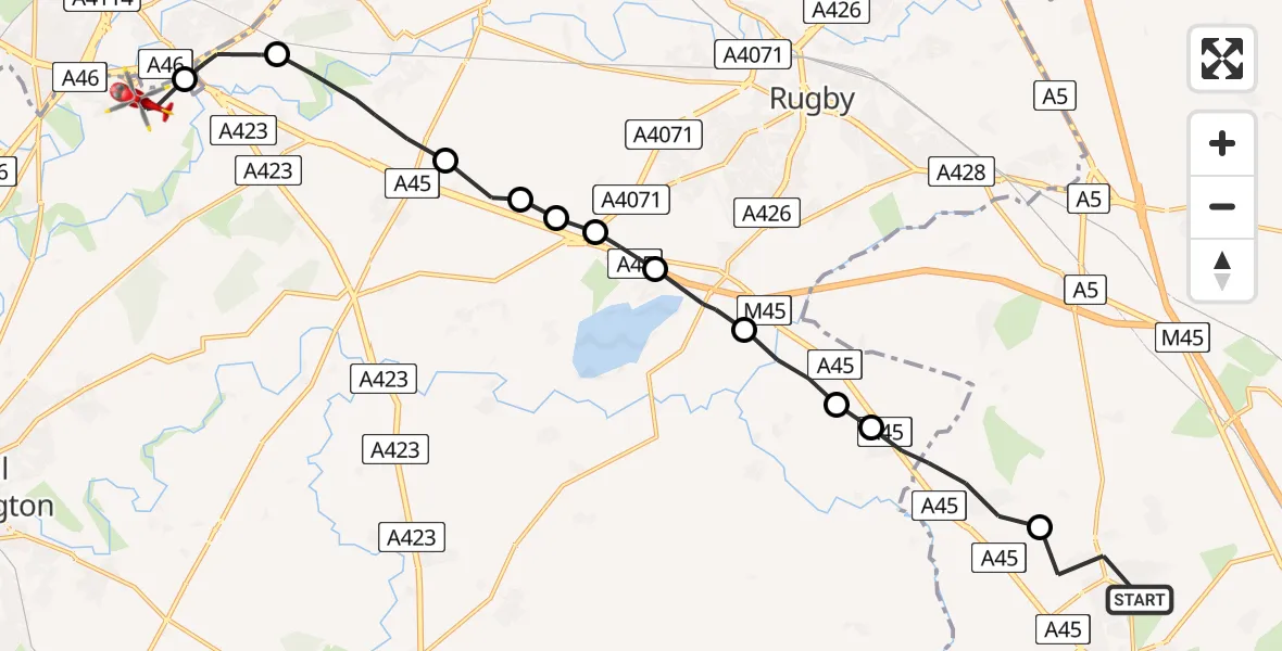Flight path map showing Air Ambulance Helicopter route from Daventry to Coventry Airport