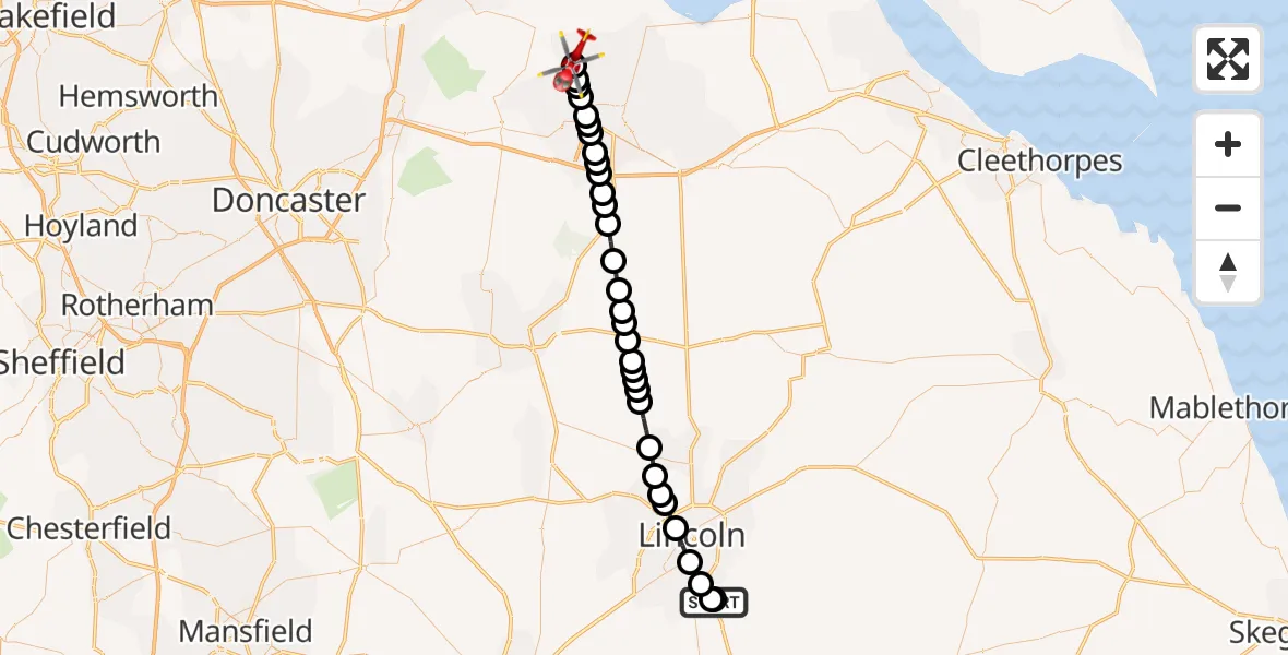 Flight path map showing Air Ambulance Helicopter route from RAF Waddington to Burton Stather