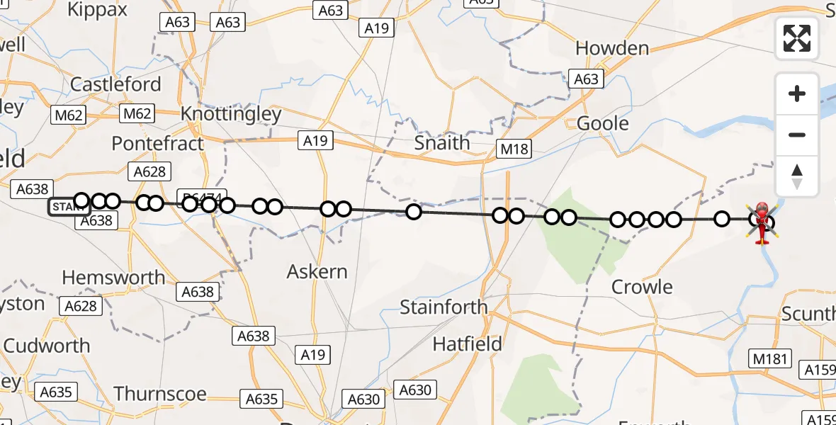 Flight path map showing Air Ambulance Helicopter route from YAA Nostell Helicopter Port to Burton Stather