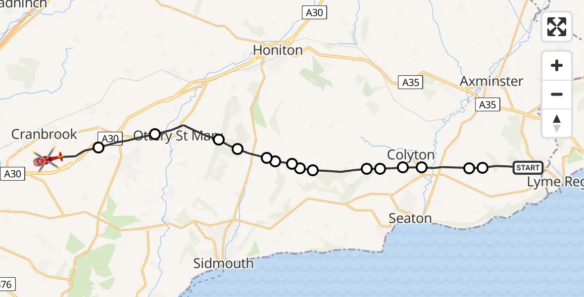 Flight path map showing Air Ambulance Helicopter route from Uplyme to Rockbeare